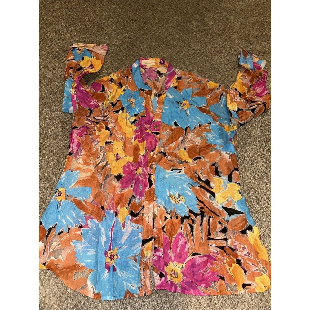 Choices Woman Large Multicolor Floral Print Collared Button Down Rolled Cuff